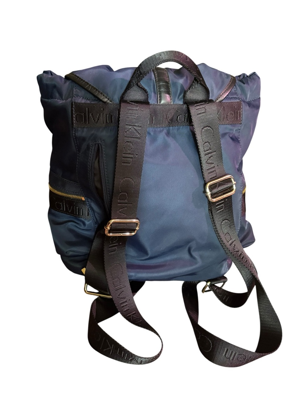Calvin Klein Navy Nylon & Leather Trim Flap Backpack | Gold Hardware - Picture 4 of 8